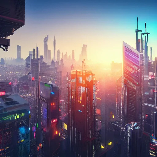 « cyberpunk city, daytime, sunrise, detailed, photorealistic, 8 k, view from the top of a skyscraper, flying drones carring an amazon packages »
                
